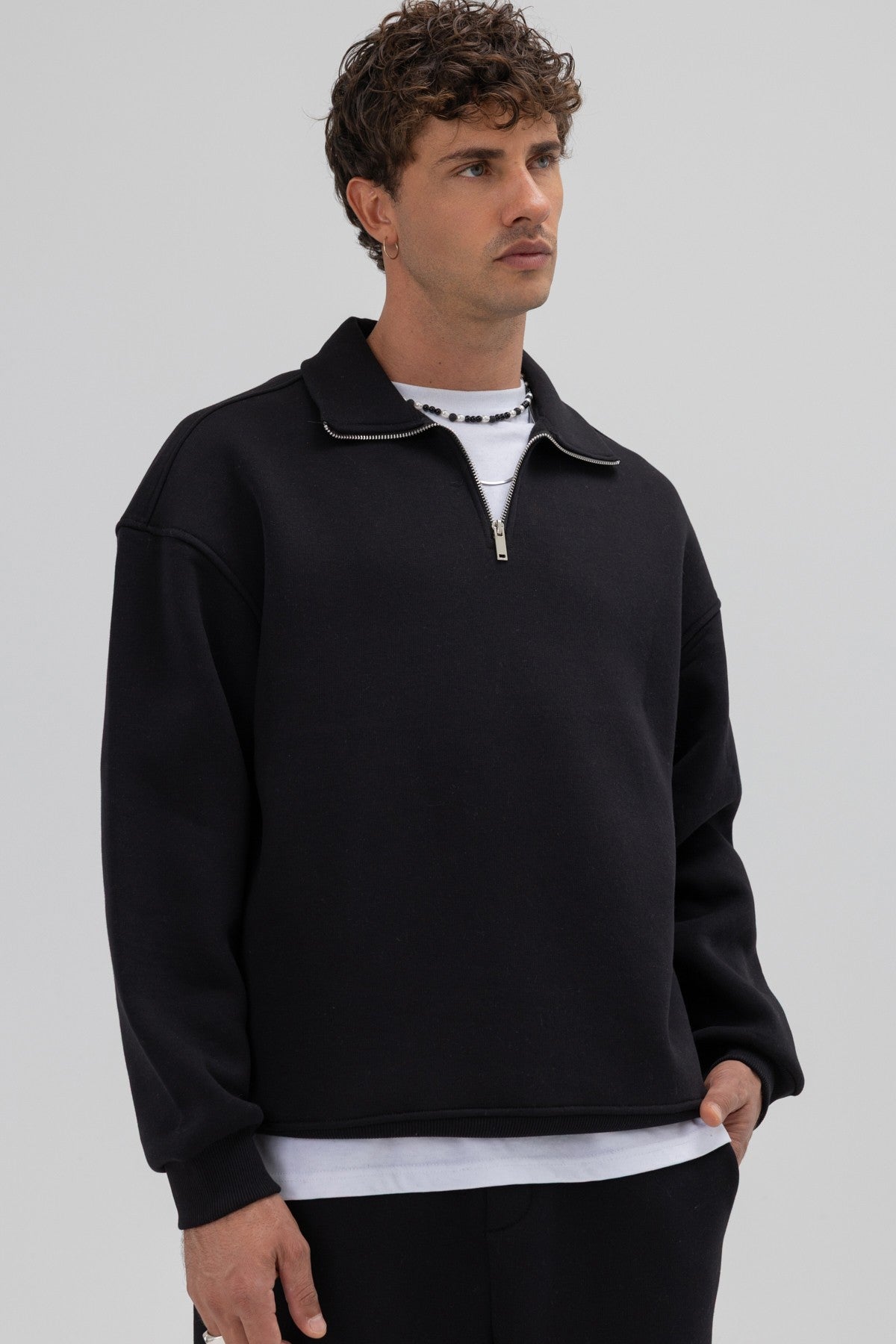Oversized Zipper-Front Stand-Up Collar Sweatshirt