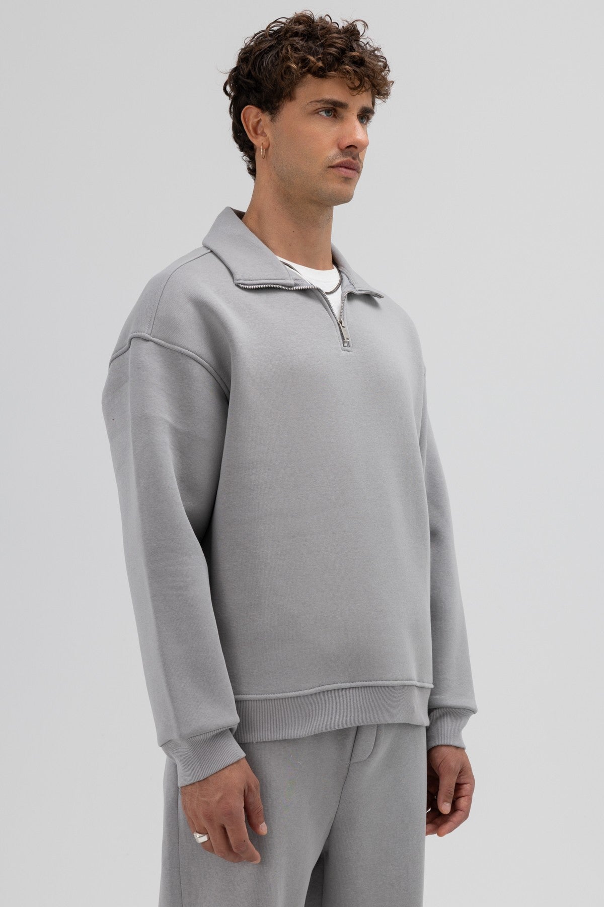 Oversized Zipper-Front Stand-Up Collar Sweatshirt