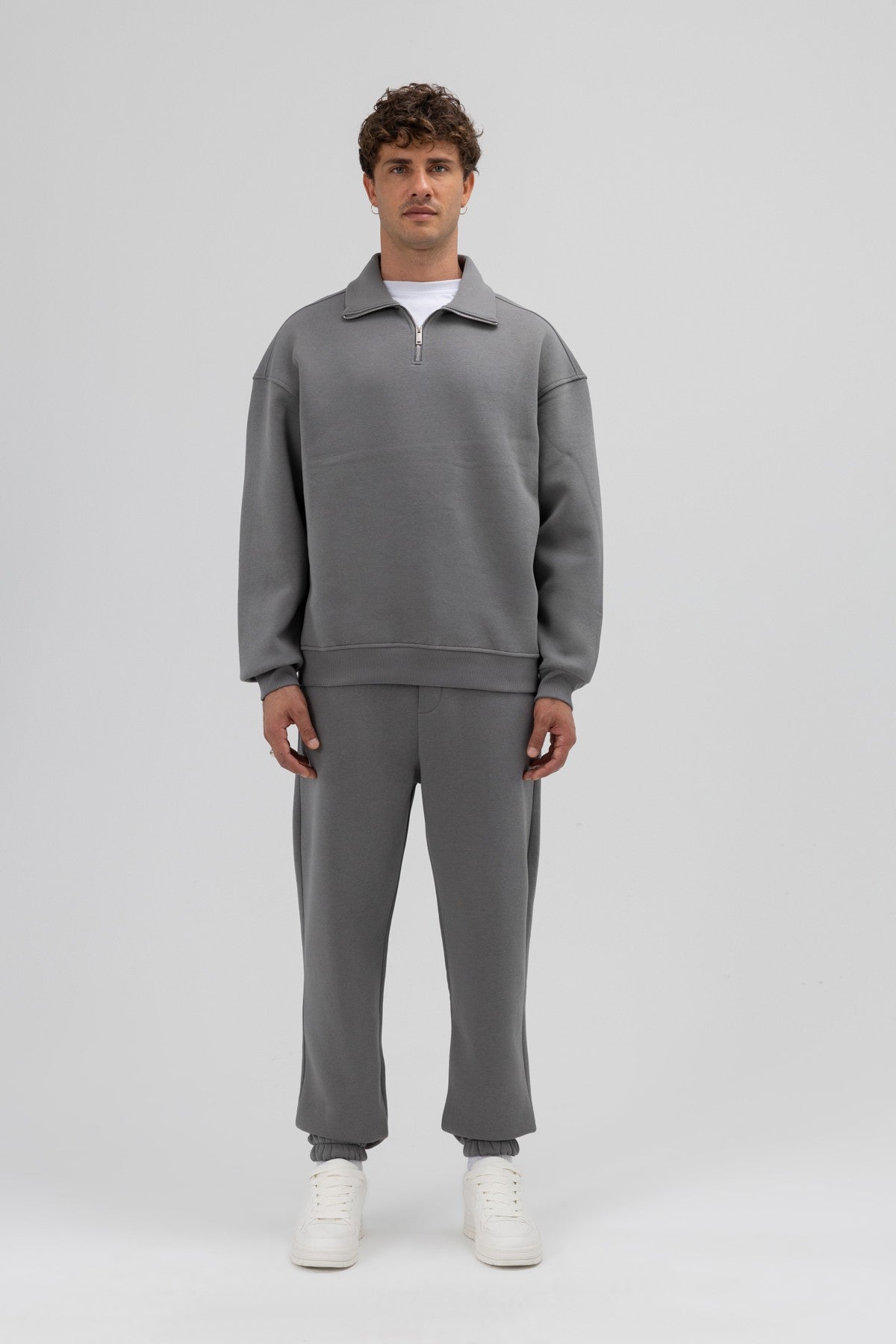 Oversized Zipper-Front Stand-Up Collar Sweatshirt