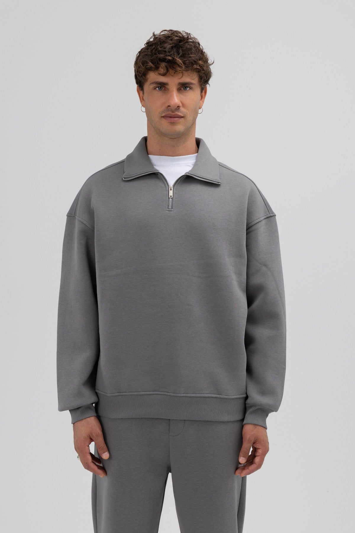 Oversized Zipper-Front Stand-Up Collar Sweatshirt