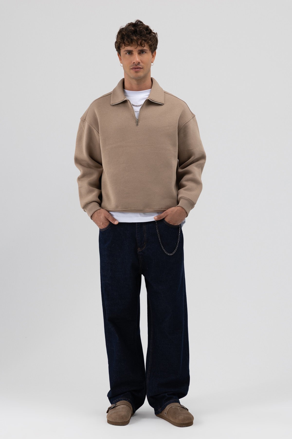 Oversized Zipper-Front Stand-Up Collar Sweatshirt