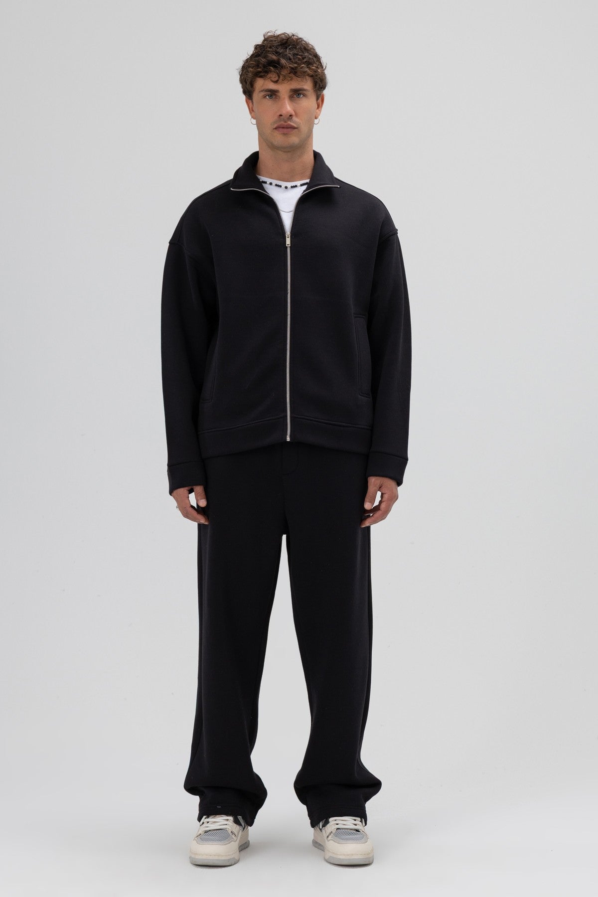 Oversized Stand-Up Collar Sweatshirt with Front Zipper
