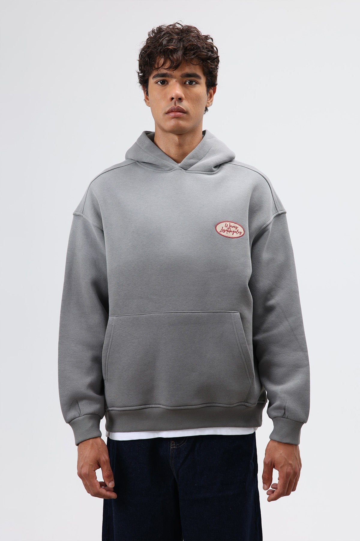 Oversized Printed Hooded Sweatshirt in Smoke Gray