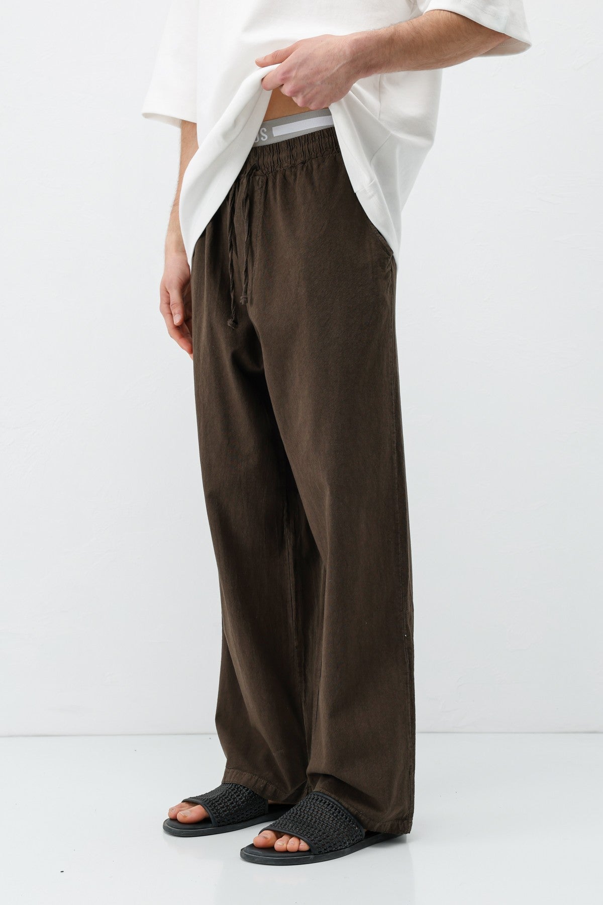 Baggy-Fit Linen Pants with Elastic Waistband