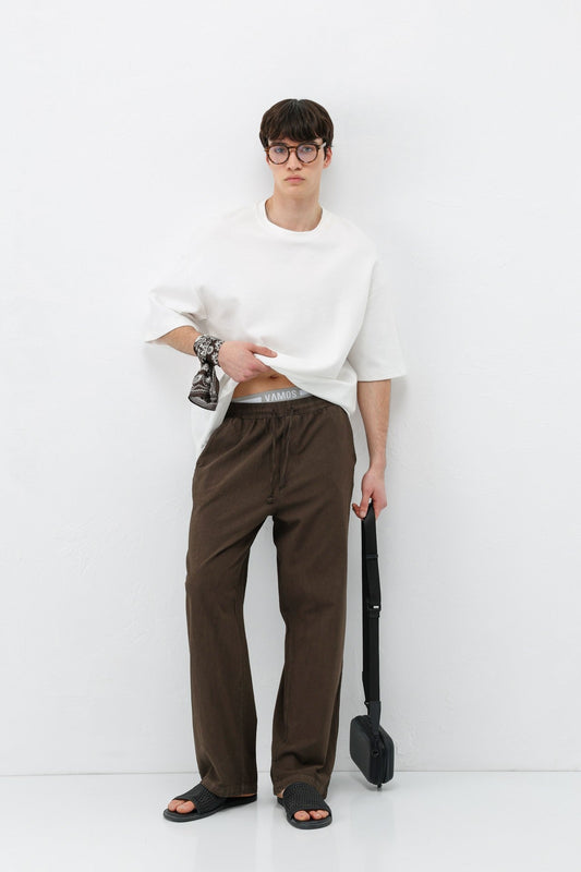 Baggy-Fit Linen Pants with Elastic Waistband