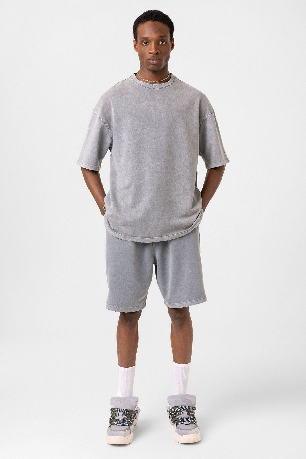 Basic Washed Oversized Shorts Set