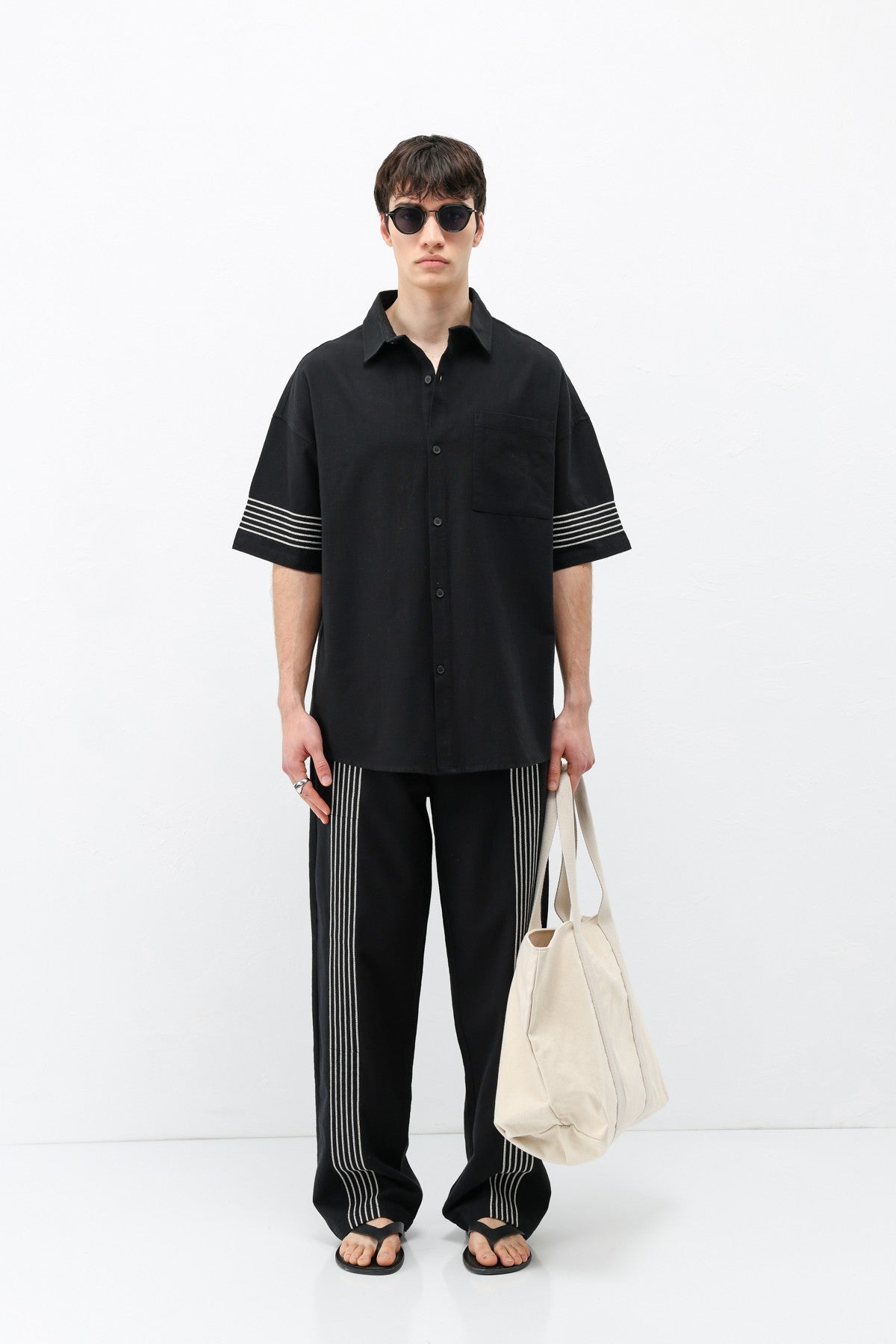 Oversized Linen Set with Striped Details
