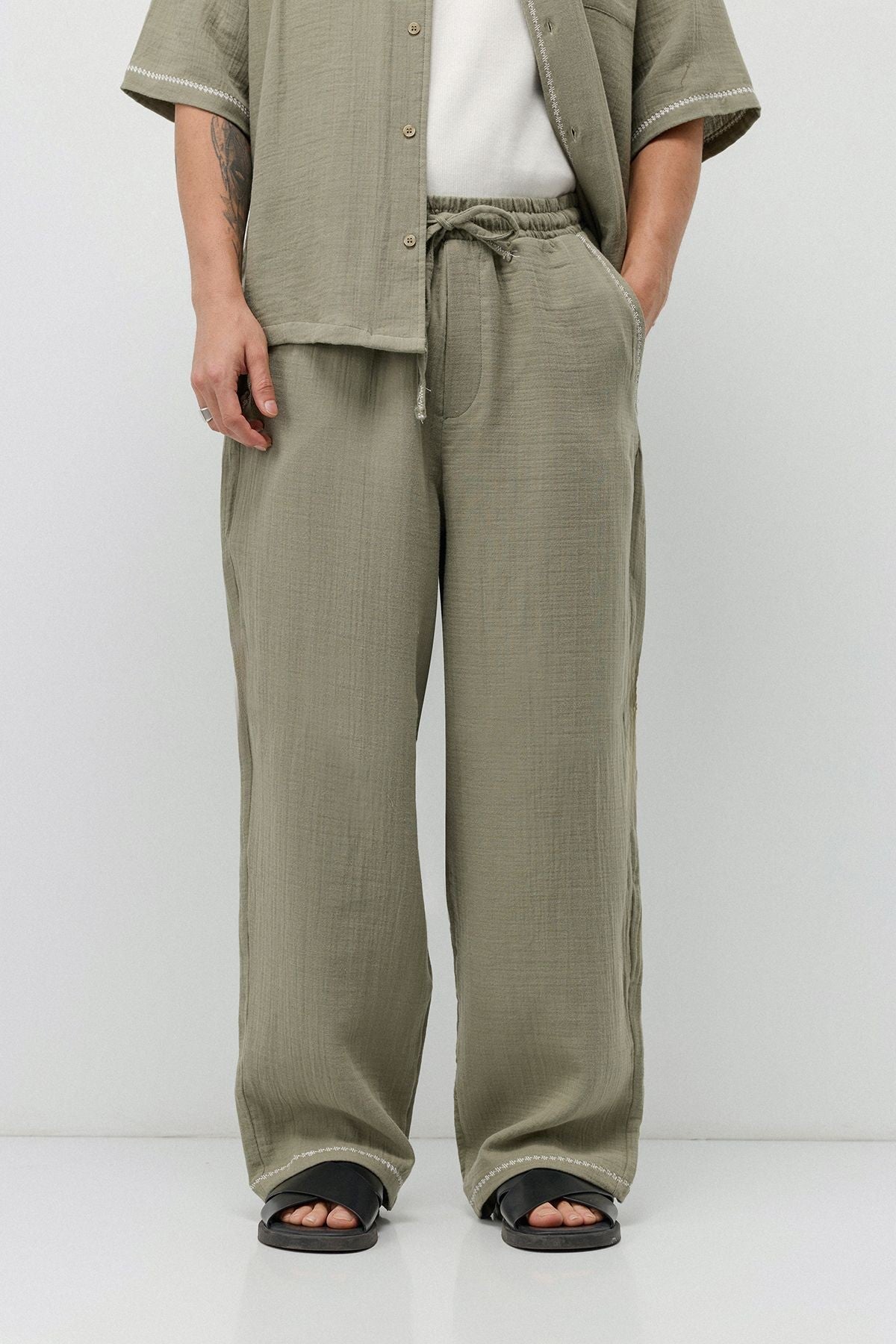 Embroidered Muslin Shirt and Wide-Leg Pants Set