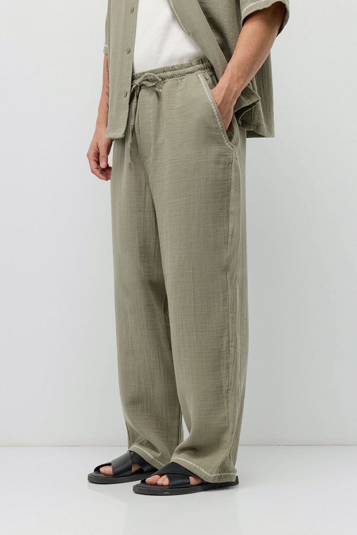 Embroidered Muslin Shirt and Wide-Leg Pants Set