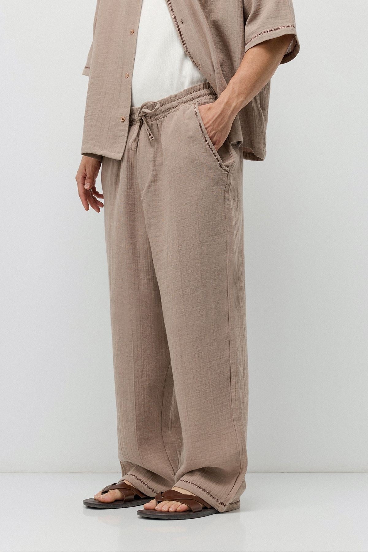 Embroidered Muslin Shirt and Wide-Leg Pants Set
