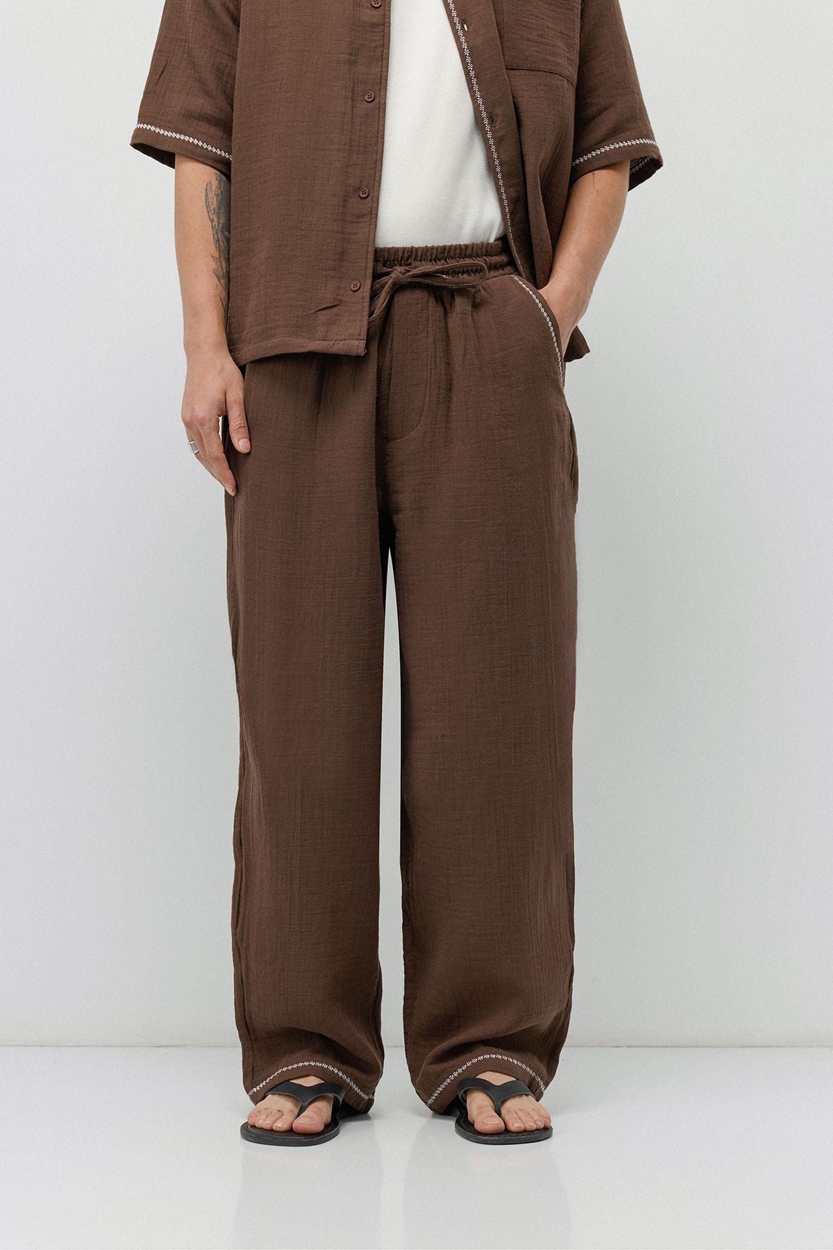Embroidered Muslin Shirt and Wide-Leg Pants Set