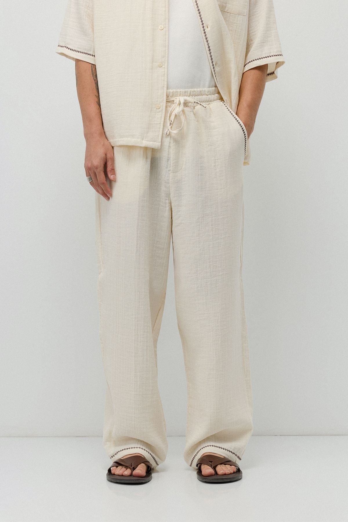 Embroidered Muslin Shirt and Wide-Leg Pants Set