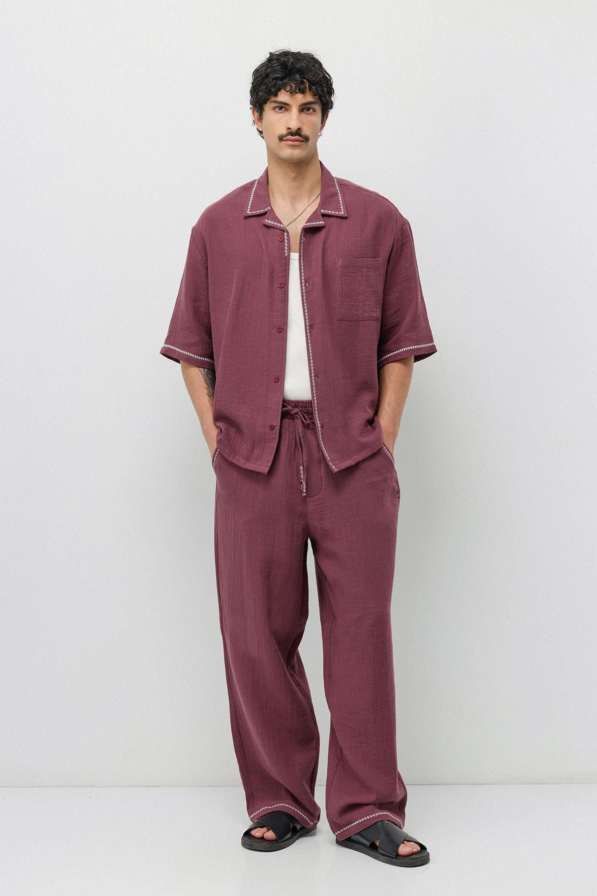 Embroidered Muslin Shirt and Wide-Leg Pants Set