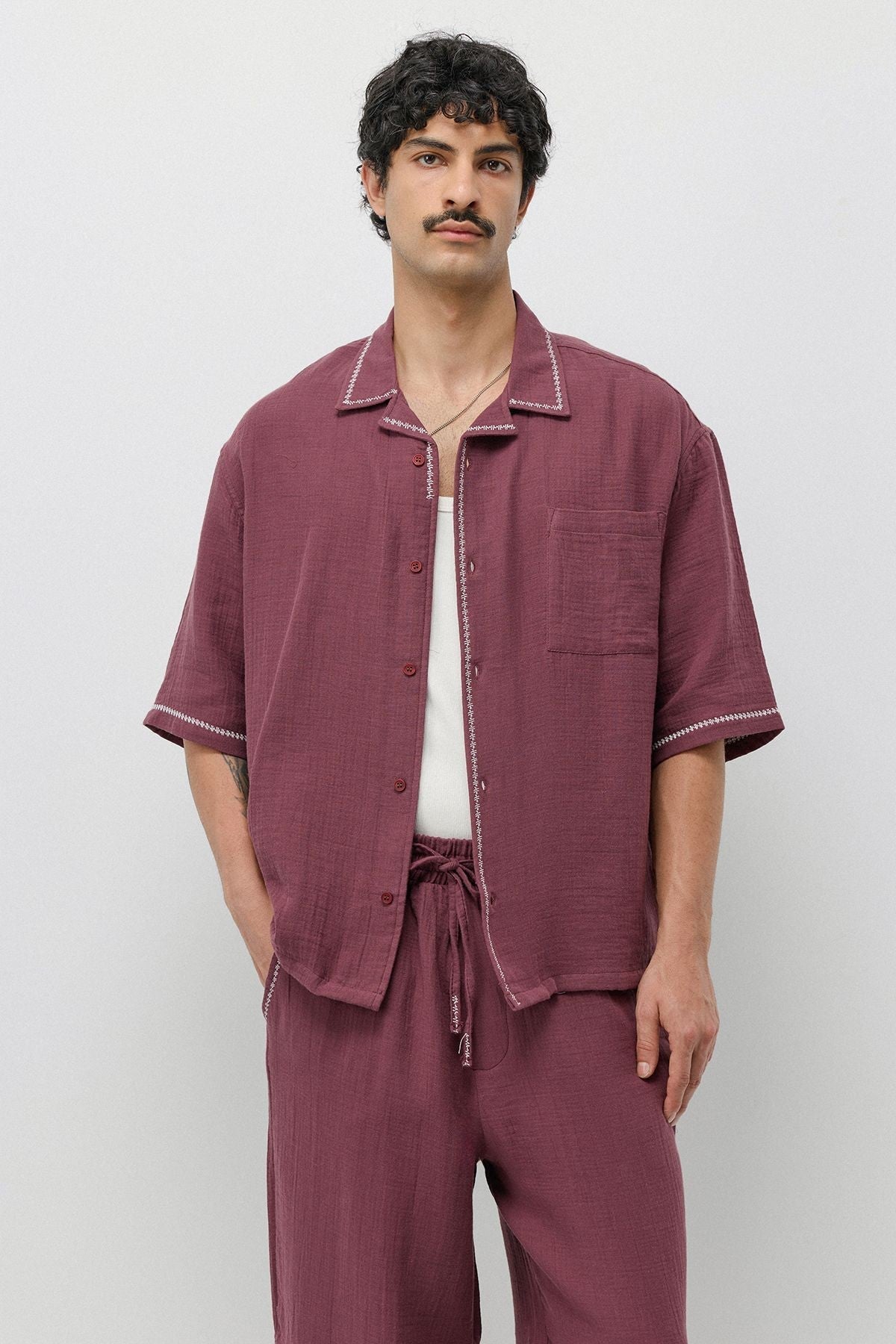 Embroidered Muslin Shirt and Wide-Leg Pants Set